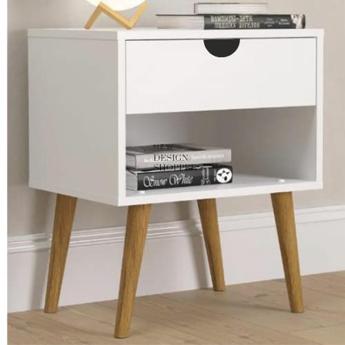 HANDYFINER Modern Bedside Side Table with Drawer and Shelf, Beautiful Nightstand for Living Room, Multi-Storage Table for Kids Table-White