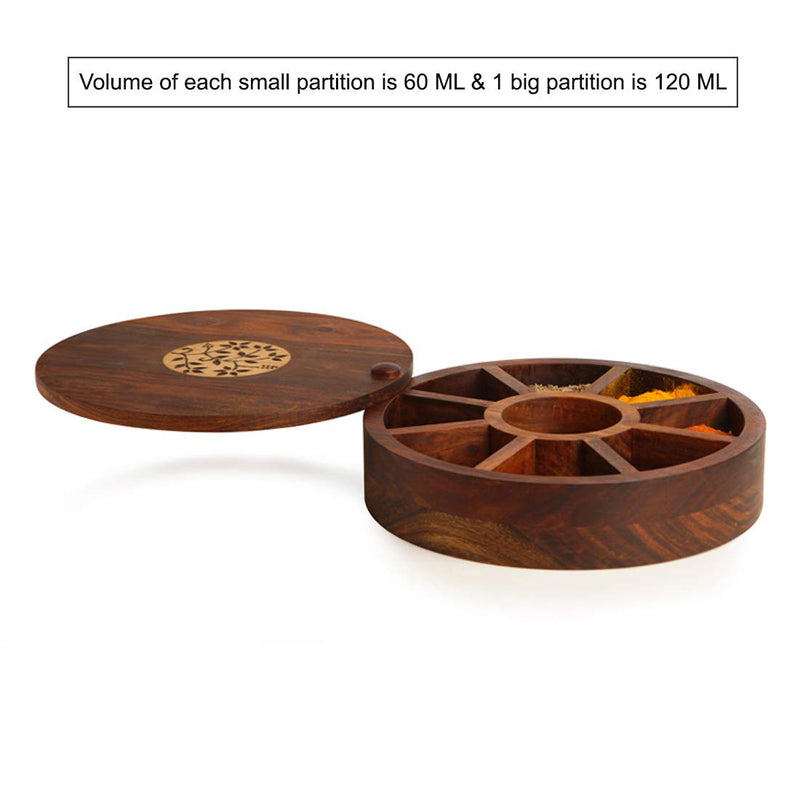 Wooden Spice Box Set for Kitchen with Floral Burnt Design in Sheeham Wood (6 Partitions) - Masala Dabba Spice Rack Holders & Masala Container Wooden Masala Box for kitchen masala dani