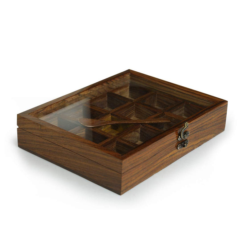 Handyfiner"Twelve Blends" Spice Box with 12 Containers & Spoon in Sheesham Wood - Wooden Spice Box Set for Kitchen Masala Spice Boxes Masala Daani Namak Dani Dabba Multipurpose Decorative Boxes