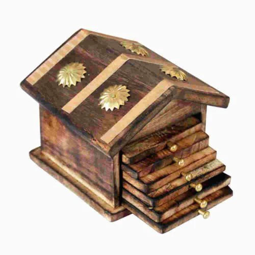HANDYFINER Wooden and Brass Antique Hut Shape Coaster Set for Home Decor