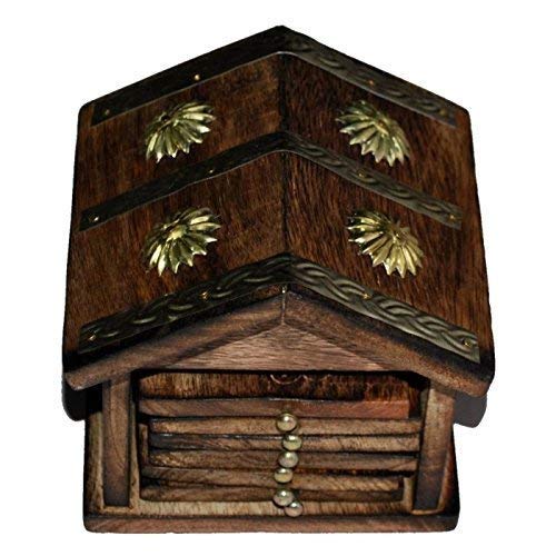 HANDYFINER Wooden and Brass Antique Hut Shape Coaster Set for Home Decor