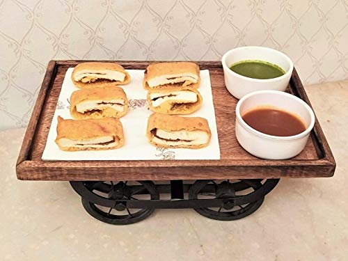 Handmade Wooden Tray for Serving || Wooden Tray|| Serving Kart Tray || Thelaa Shape Tray with Movable Wheels