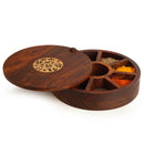 Wooden Spice Box Set for Kitchen with Floral Burnt Design in Sheeham Wood (6 Partitions) - Masala Dabba Spice Rack Holders & Masala Container Wooden Masala Box for kitchen masala dani