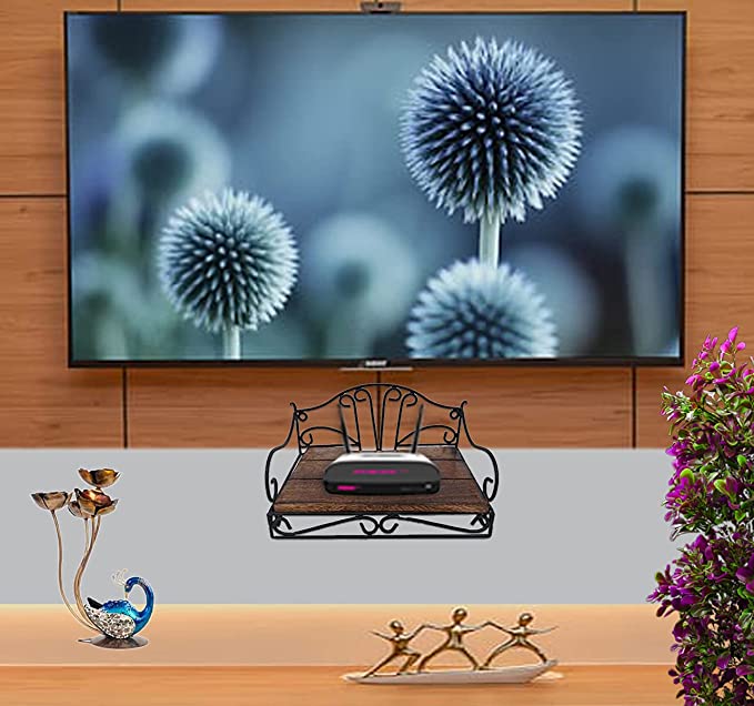 Woodenibis Wooden and Wrought Iron Set Top Box Wall Shelf / Stand- Wood Multipurpose Holder for Cable, WiFi Router, DTH or Modem