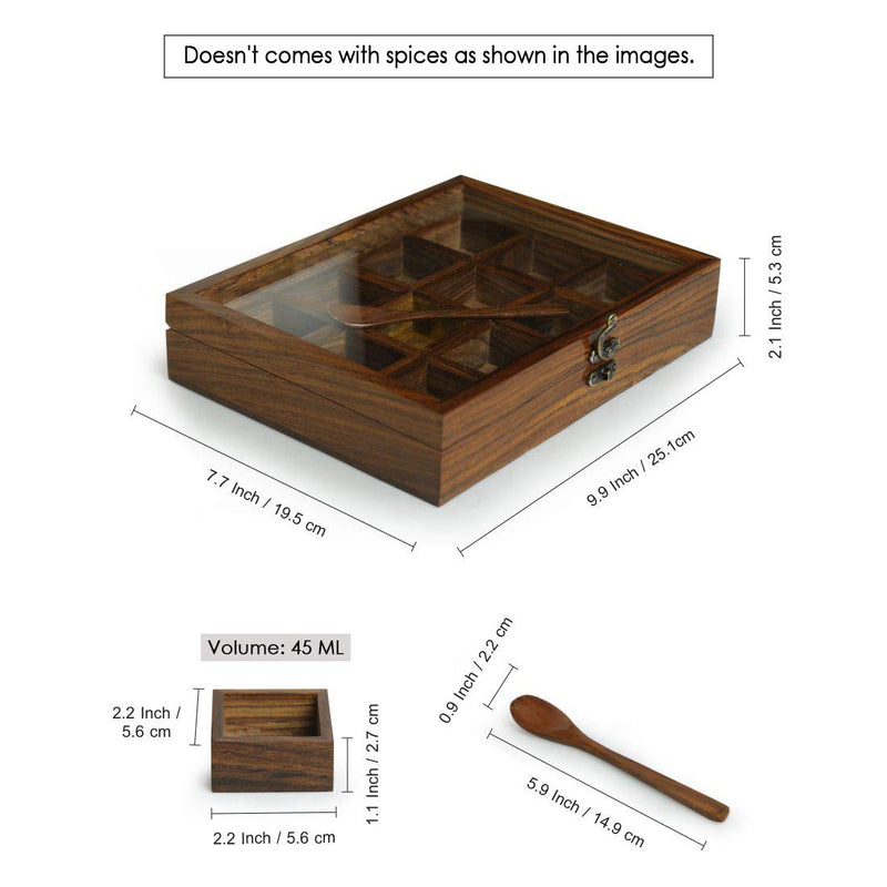 Handyfiner"Twelve Blends" Spice Box with 12 Containers & Spoon in Sheesham Wood - Wooden Spice Box Set for Kitchen Masala Spice Boxes Masala Daani Namak Dani Dabba Multipurpose Decorative Boxes