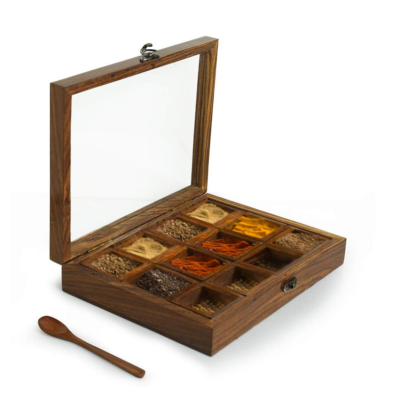 Handyfiner"Twelve Blends" Spice Box with 12 Containers & Spoon in Sheesham Wood - Wooden Spice Box Set for Kitchen Masala Spice Boxes Masala Daani Namak Dani Dabba Multipurpose Decorative Boxes