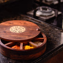 Wooden Spice Box Set for Kitchen with Floral Burnt Design in Sheeham Wood (6 Partitions) - Masala Dabba Spice Rack Holders & Masala Container Wooden Masala Box for kitchen masala dani