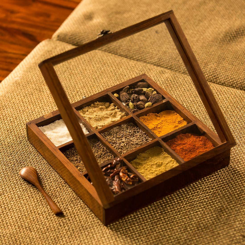Multi-Utility Storage Containers and Spice Box With Spoon In Sheesham Wood -Masala box.