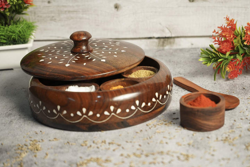 Handicraft Sheesham Wooden Masala Box | Spice Box Crafted by Saharanpur Artisans - 7 inch