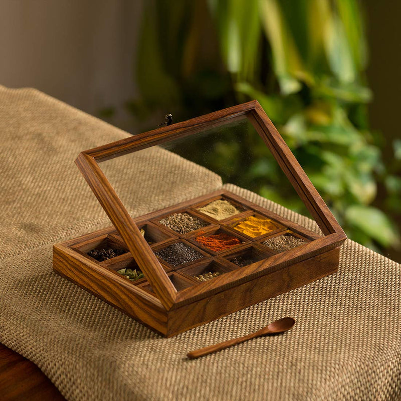 Handyfiner"Twelve Blends" Spice Box with 12 Containers & Spoon in Sheesham Wood - Wooden Spice Box Set for Kitchen Masala Spice Boxes Masala Daani Namak Dani Dabba Multipurpose Decorative Boxes