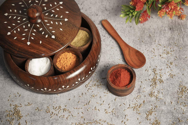 Handicraft Sheesham Wooden Masala Box | Spice Box Crafted by Saharanpur Artisans - 7 inch