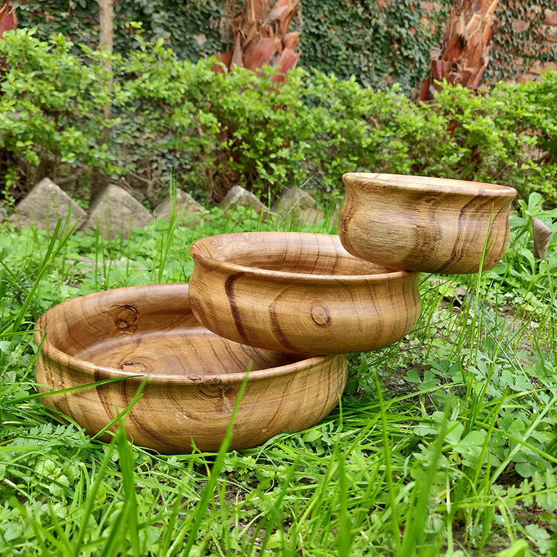 Wooden Matka Bowl || Set of 3 || Food Safe || Acacia Wood || Hot/Cold Meal