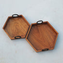 HANDYFINER Serving Hexagon Tray Set of 2 with Iron Handle || Acacia Wood || Water Proof