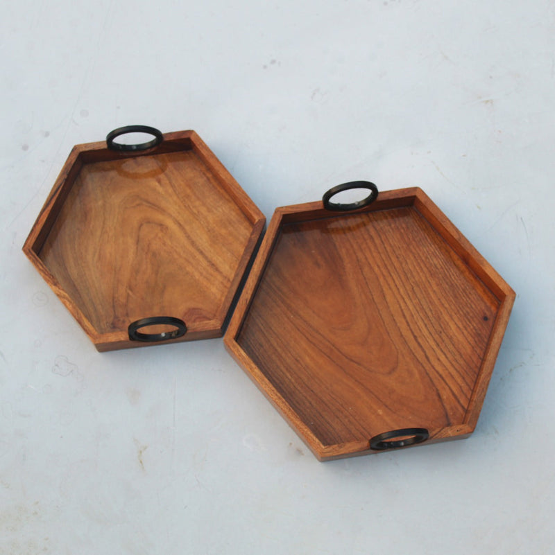 HANDYFINER Serving Hexagon Tray Set of 2 with Iron Handle || Acacia Wood || Water Proof
