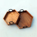 HANDYFINER Serving Hexagon Tray Set of 2 with Iron Handle || Acacia Wood || Water Proof