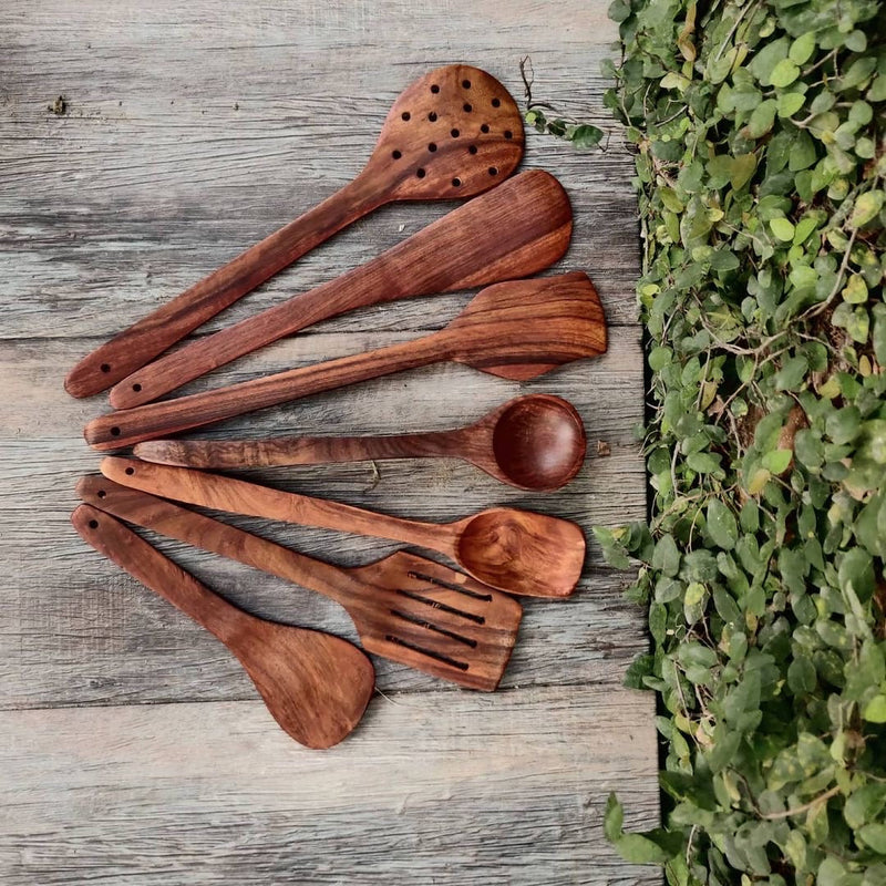 Handmade Wooden Non-Stick Serving and Cooking Spoon Kitchen Tools Utensil, Set of 7