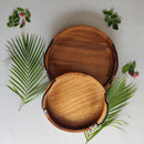 HANDYFINER Serving Circular Tray Set of 2 with Iron Handle || Acacia Wood || Water Proof