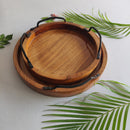 HANDYFINER Serving Circular Tray Set of 2 with Iron Handle || Acacia Wood || Water Proof