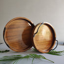 HANDYFINER Serving Circular Tray Set of 2 with Iron Handle || Acacia Wood || Water Proof