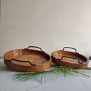 HANDYFINER Serving Circular Tray Set of 2 with Iron Handle || Acacia Wood || Water Proof