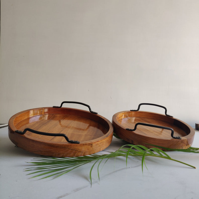 HANDYFINER Serving Circular Tray Set of 2 with Iron Handle || Acacia Wood || Water Proof
