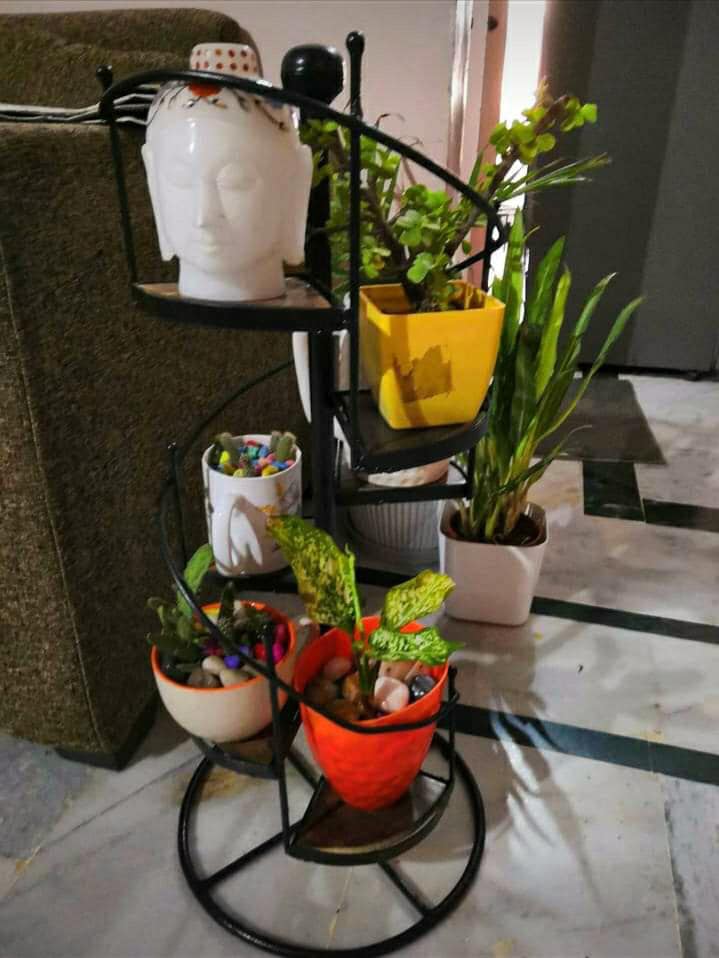 HANDYFINER Iron and Wooden Spiral Stair Shape Flower Pot/Planter Stand for Indoor & Outdoor