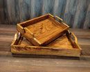 ACACIA WOOD Golden Handle rectangular Tray||PREMIUM QUALITY||Water Resistant..