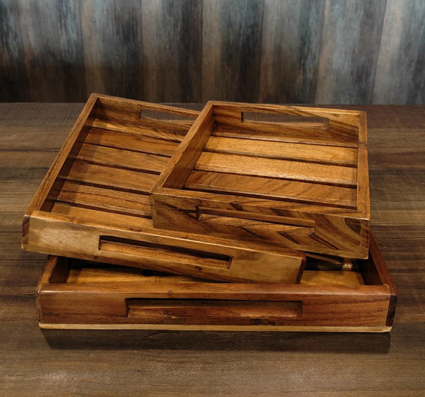 LOBBEY ACACIA WOOD STRIP TRAY SET OF 3 II WATER RESISTANT