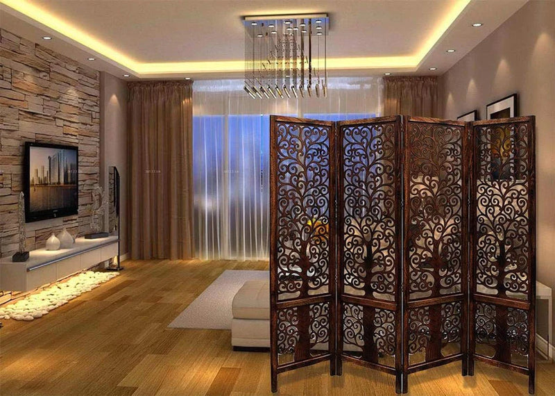 HANDYFINER Wooden Partition Screen || Room Divider Traditional Handicrafts || Brown (4 Panel) || Home Decor